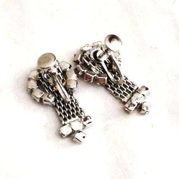 1950s Vintage Rhinestone and Mesh Bracelet and Earring Set, Silver Tone Metal - Picture 4 of 7